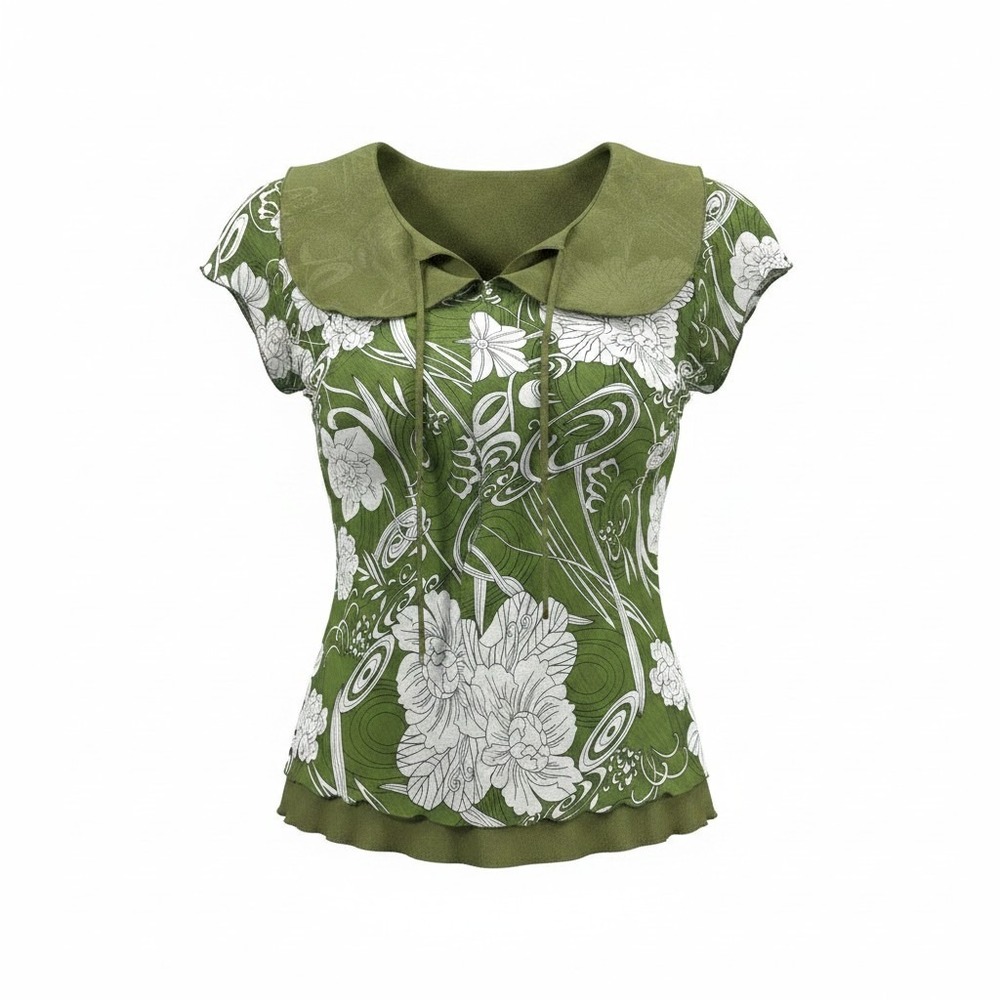 Standard USA Green Floral Peter Pan Collar Tie Neck Blouse Top 2XL Olive White